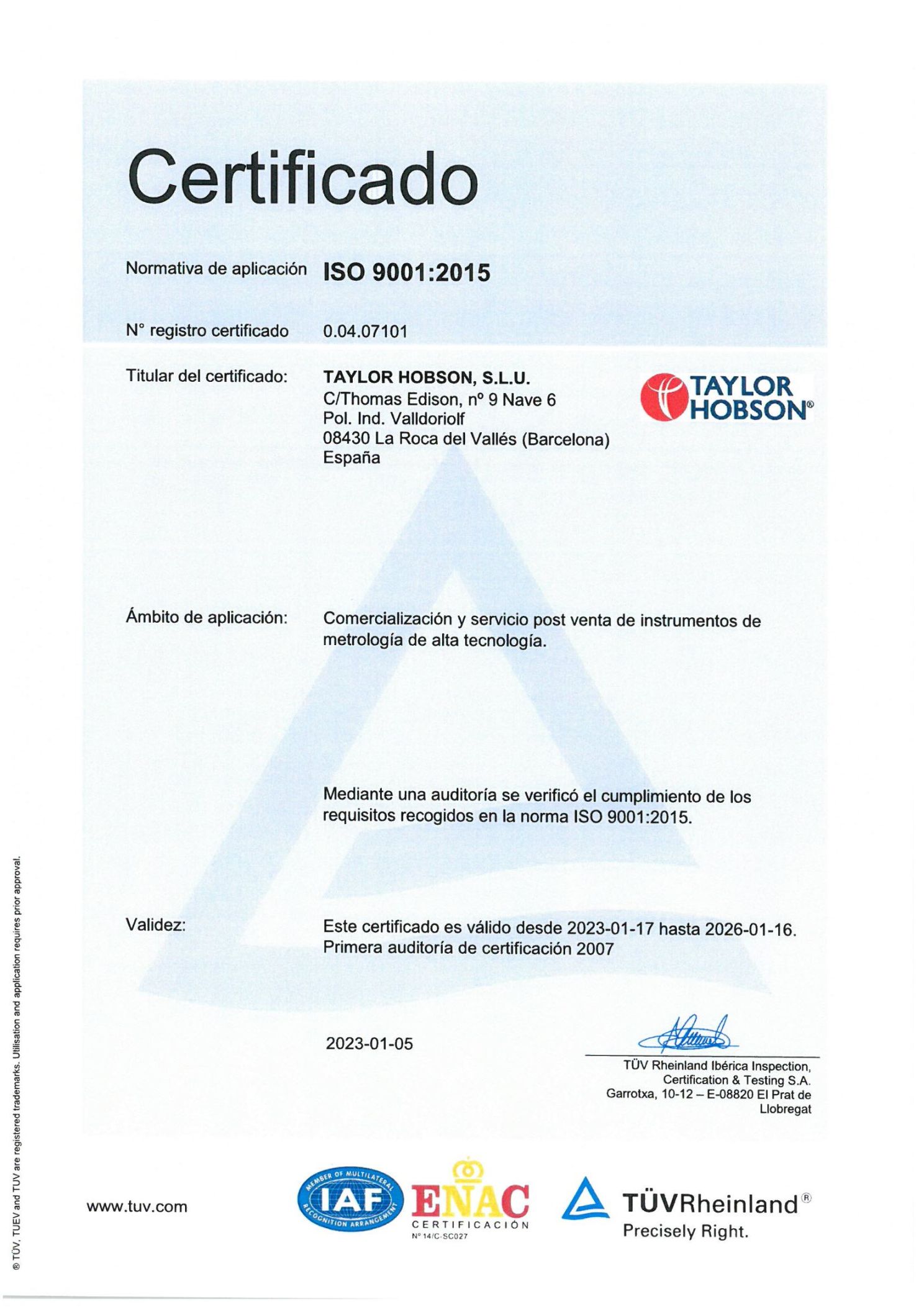 Certificación ISO 9001:2015 Taylor Hobson