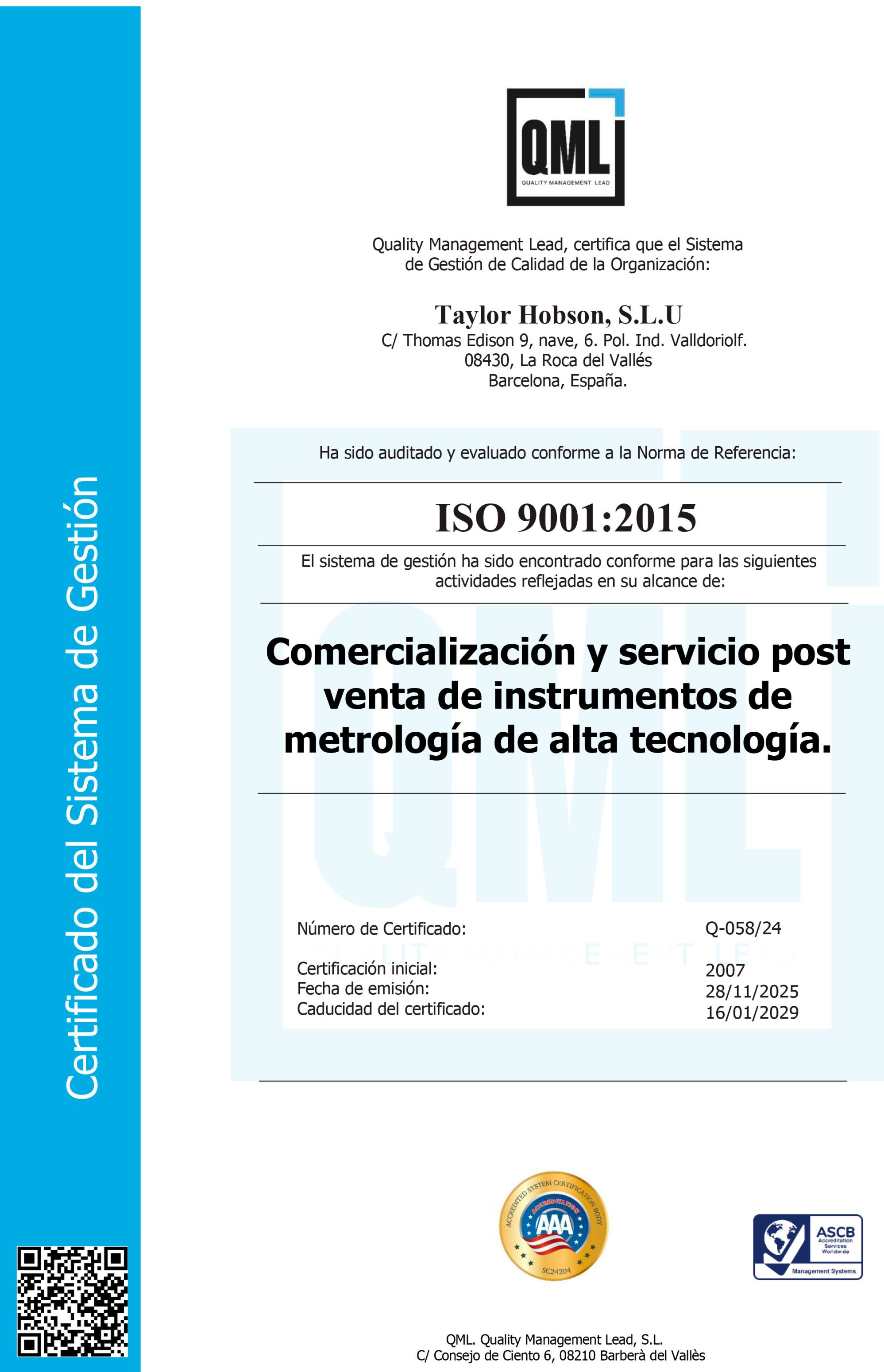 Certificación ISO 9001:2015 Taylor Hobson
