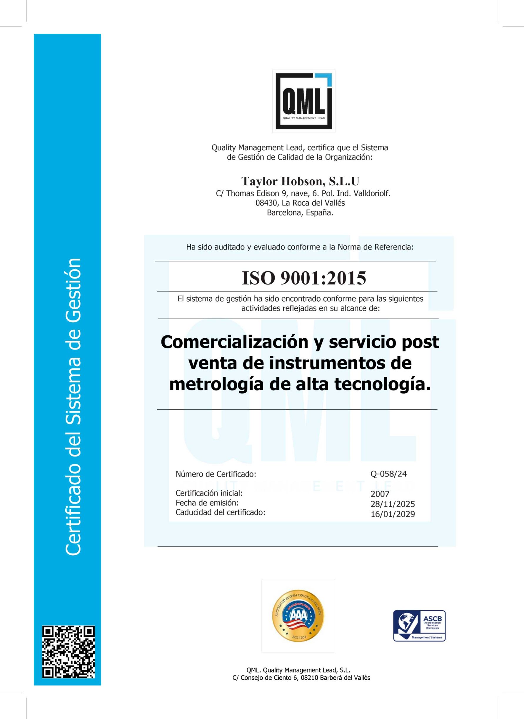 Certificación ISO 9001:2015 Taylor Hobson